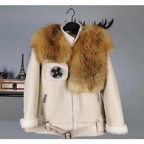 Womens Genuine Leather Natural Sheep Shearling Fur Coat Winter 100% Sheepskin Coat Female Bomber Fox fur leather Jackets wy290