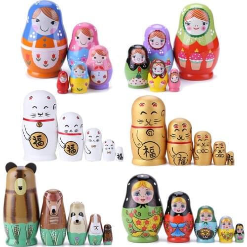 5pcs/Set Kids Nesting Dolls Girls Childrens Day Gift Color Painted Wood Russian Nesting Matryoshka Dolls Toys Gifts