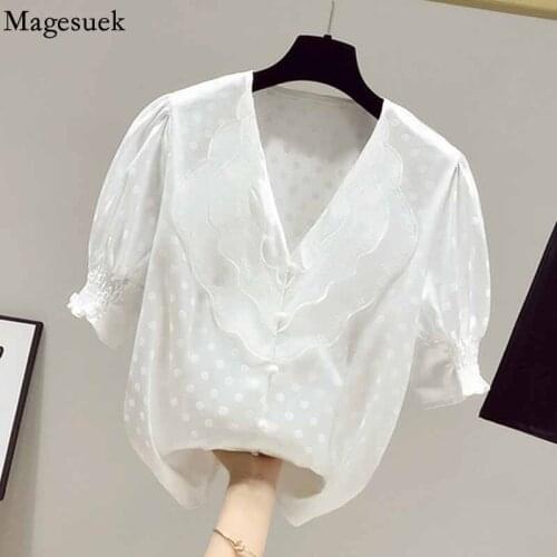 French V-neck Lace Ruffle Blouse Women Polka Dot Puff Sleeve Women Tops Slim Chiffon Shirt Summer 2021 Blouse for Women 15475