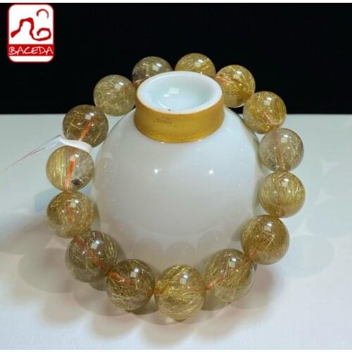 Baceda bring wealth and health Natural Crystal of High Quality Golden Rutilated Hair Quartz Bracelet for Men and Women with Box