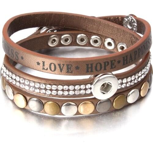 Hot Sale Leather 12mm Snap Button Bracelet Watches Fit 12mm Snap Jewelry Love Hope Happiness Leather Bracelet for Women Men Gift