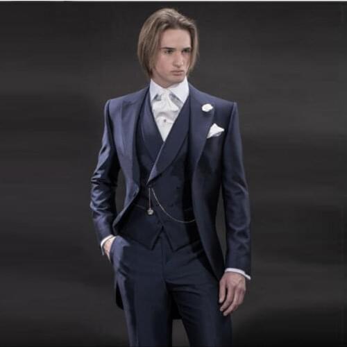 Handsome Navy Blue Mens Suits Groom Tuxedos Groomsmen Wedding Party Dinner Best Man Suits Blazer (Jacket+Pants+Vest+Tie) NO:1512