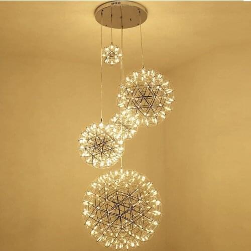 Loft Staircase Firework Chandelier Stainless Steel Ball Modern Suspension Lamp Hotel Spark Lighting Modern Decorative Light