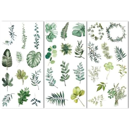 3 Sheets Green Leaves Stickers Tropical Plants Washi Paper Sticker Adhesive Daily Planner Kawaii Stationery Decorative Album