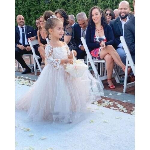 New Hot Lace Flower Girl Dress Lace Appliqued Fomal Litlle Girl Dresses Cheap Tulle Princess Girl Birthday Wedding Gown