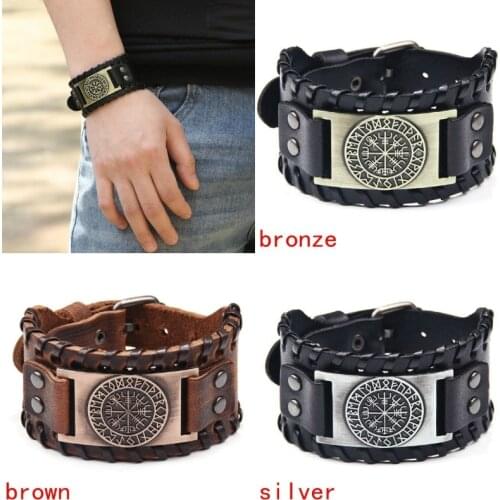 New Retro Round Pirate Compass Pattern Metal and Leather Bracelets Mens Bracelets Fashion Bracelets Accessories Party Jewelry
