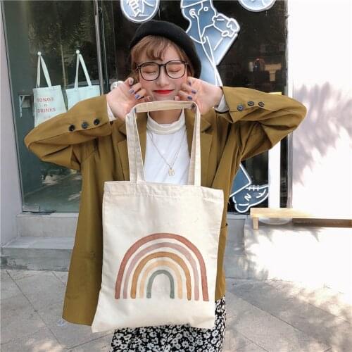 Rainbow Canvas Bag Womens Casual Shoulder Bags Lady Handbag Reusable Large Capacity Tote Bags Student Book Bag