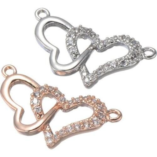 Rhodium/Rose Gold Color Double Heart Necklace Pendant Charms With Micro AAA CZ Crystal Pave Women DIY Jewelry Charms CHF382
