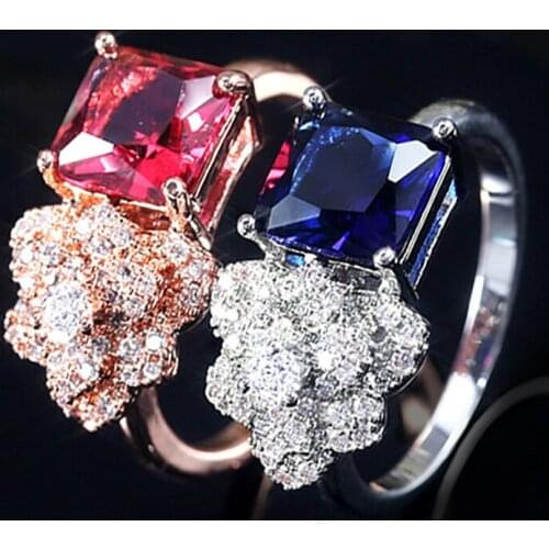 JK Romantic Women Accessories Wholesale Jewely Rings Elegant Flower With Red Blue Stone Setting Cocktail Party Rings Hot