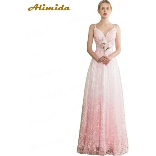 ALIMIDA Sexy Evening Dress 2018 A-Line Prom Dresses Backless Spaghetti Strap Party Dress Floor Length Sweetheart robe de soiree