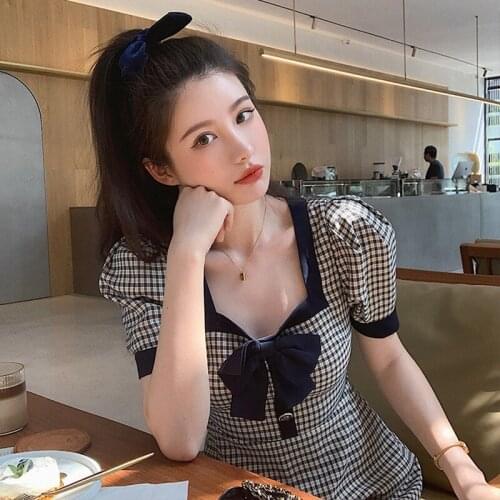 Vintage Plaid Dress Korean 2021 Summer Puff Sleeve Bow Dress Women Casual Plus Size Kawaii Mini Dresses