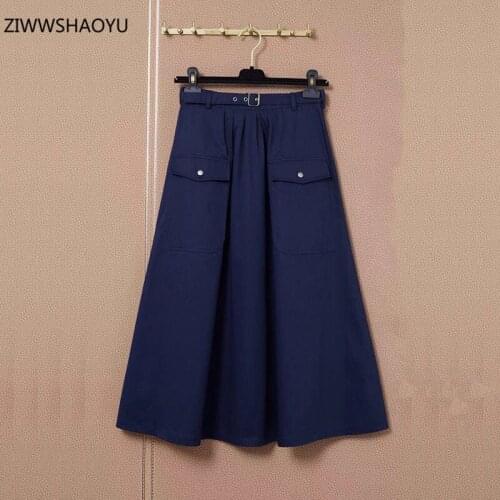 ZIWWSHAOYU Summer Fashion Women Cotton Navy Blue Mid-Calf Skirts High Waist Sashes Pockets Solid A-Line Slim Female Half Skirt