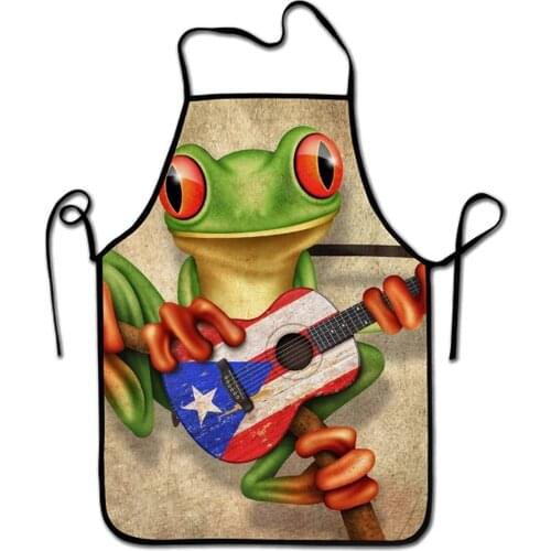 Funny Aprons Polyester Bib Apron Kitchen Chef Apron for Cooking Baking BBQ Tree Frog Playing Puerto Rico Flag Guitar Poster