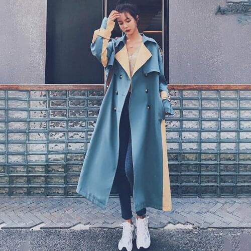 Womens Windbreaker Long 2021 New Spring Autumn Blue Stitching Korean Loose Casual Double-breasted High-quality Lining Jacket29