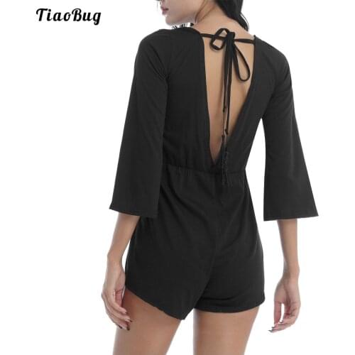 TiaoBug Women Summer Pure Color Jumpsuit V Neck Strap Self Tie Back Half Sleeves V Shape Open Back Elastic Waist Shorts Bodysuit