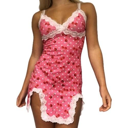 Womens Sexy Suspender Short Dress Fashion Cherry Printing Lace Trim V-neck Split Tight Dress Club Wear Summer 2021