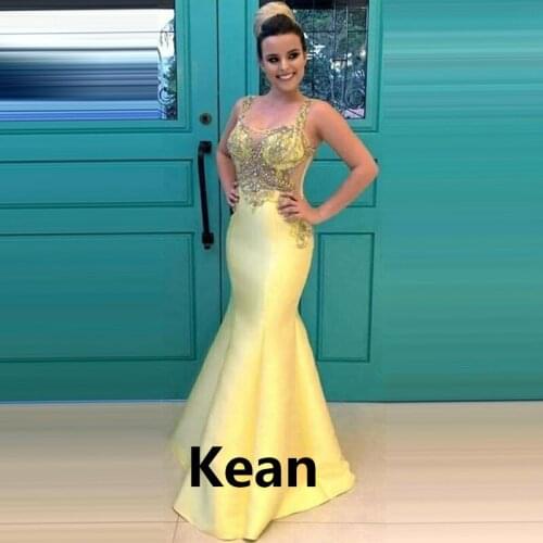 Yellow Illusion Evening Dress Applique Tank Pearls Beaded Special Occasion robe soiree Islamic Dubai Kaftan Saudi Arabic Prom