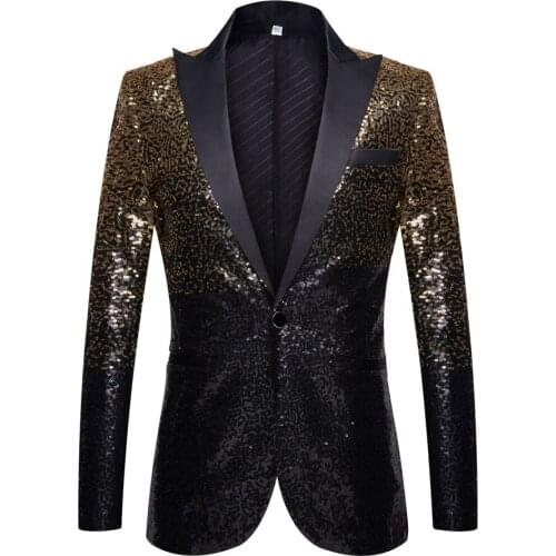 Golden Black Patchwork Gradient Color Sequin Blazers Mens Singer Host Stage Tuxedo Evening Party Performance Suit Coat Costume