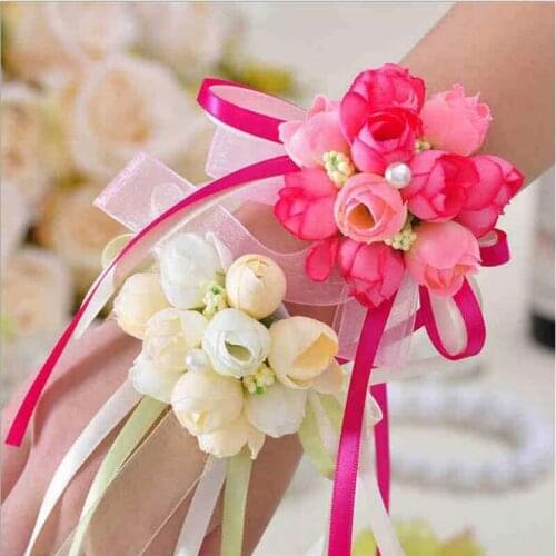 10Pcs 5Kinds Colors Wrist Flower Rose Silk Ribbon Bride Snow yarn lace cord wrist flower Wedding bride bridesmaid wrist flower