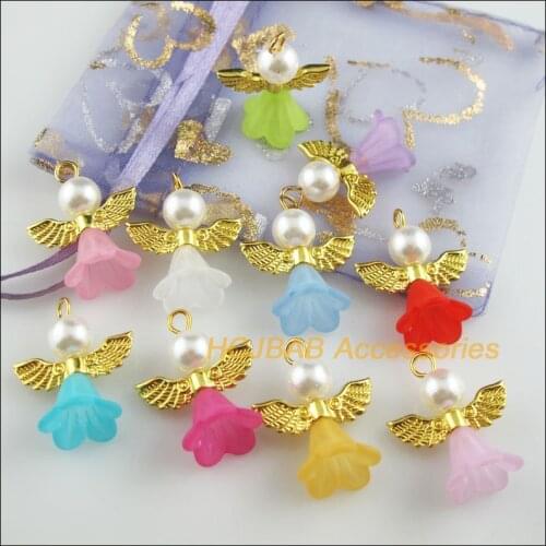 20 New Dancing Angel Charms Mixed Acrylic Gold Color Wings Pendants 21.5x26mm