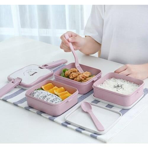 3-layers Lunch Box Microwave Wheat Straw Large Capacity Bento Box Food Container For Kid Adult