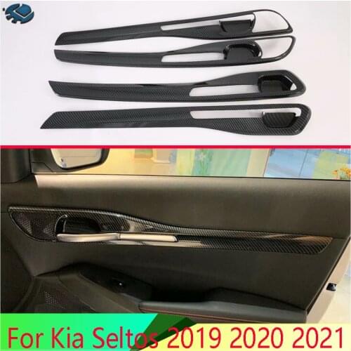 For Kia Seltos 2019 2020 2021 Carbon Fiber Style Car Inside Door Garnish Body Trim Accent Molding Cover Bezel Styling Protector