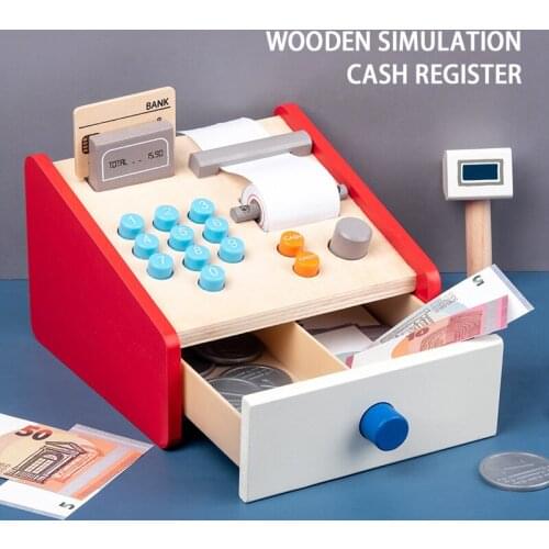 Childrens Simulation Montessori Wooden Cash Register Childrens Play House Toy Gift Pretend Cosplay Cash Register Toy