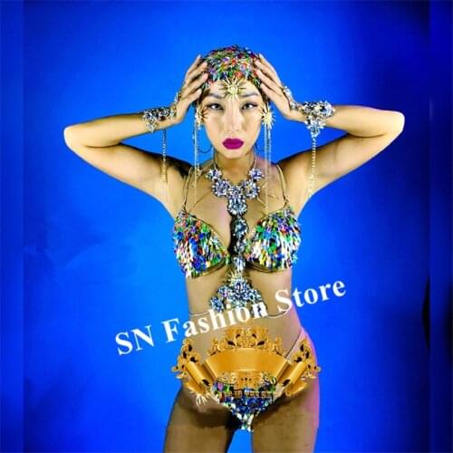 K55 Colorful sequin bikini set female bodysuit singer stage performance wears dress bra catwalk party show clothe dj bra disco
