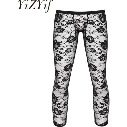 Men Sexy sheer lace leggings pants Low Rise Bulge Pouch See Through Ankle Length Stretchy Legging Pants Footless Tights Trousers
