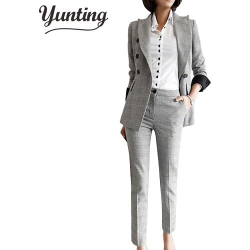 Fashion Women Pant Suits 2021 Casual Female 2 Pieces Set Single-breasted Blazer Jacket & High Waist Pencil Pants