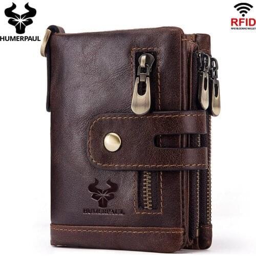 Head Layer Cow Leather Mens High Quality RFID Wallet with Chain Anti-Theft Male Purse Soft Money Bag Casual Cards Holder