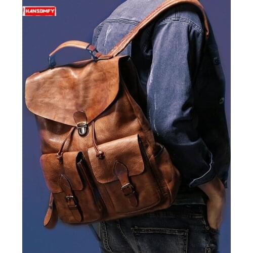 New Mens Suede Leather Backpack Laptop Shoulder Bag Male Vintage Lock Travel Backpacks Retro Real Genuine Leather Cow Leather