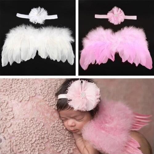 Baby Girls Soft Angel Feather Wings with Chic Flower Headband Costume Set One Hundred Days Baby Photography Clothing
