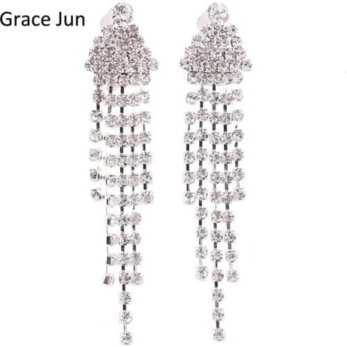 Grace Jun(TM) New Arrival Triangle Shape Tassel Rhinestone Clip on Earrings No Pierced Charm Chandelier Jewelry No Hole Ear Clip