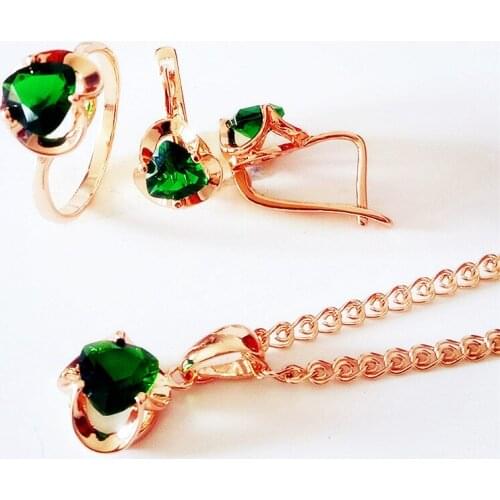 New Fashion Earring Jewelry Sets Trendy Green Heart Shape Cubic Zircon Earring Ring and Necklace Jewelry Sets
