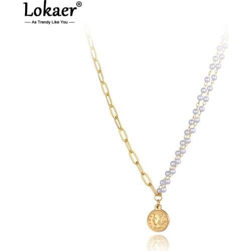 Lokaer Bohemia Style Titanium Stainless Steel Queens Head Choker Necklace For Women Original Design White Pearl Necklace N21049