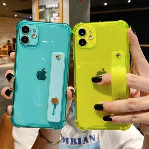 Wrist Strap Transparent Phone Case For iPhone 11 12 Pro Max Mini X XR XS Max 7 8 Plus SE 2020 Fluorescent Color Soft Back Cover
