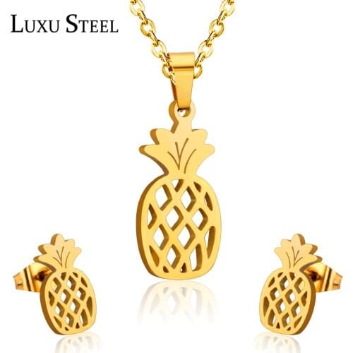 LUXUSTEEL Gold Color Pineapple Sets Stainless Steel Collar Choker Necklace Wedding Accessories Wholesale Party