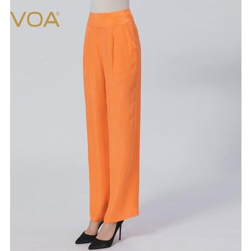 VOA silk natural waist orange jacquard invisible side pull oblique insert pocket striped silk straight leg pants female KE570