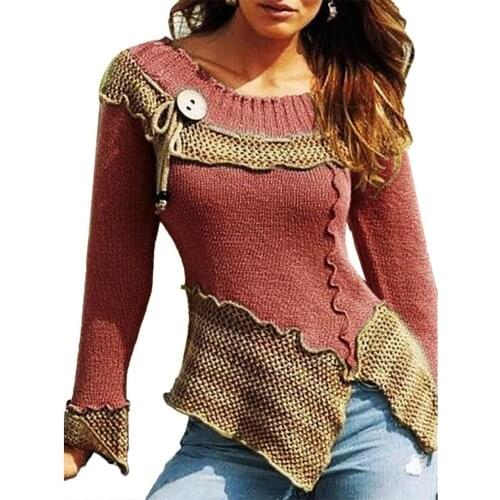 Ele-choices Chic Women Color Block Lacework Side Slit Stitching Slim Knitted Sweater For Autumn Winter