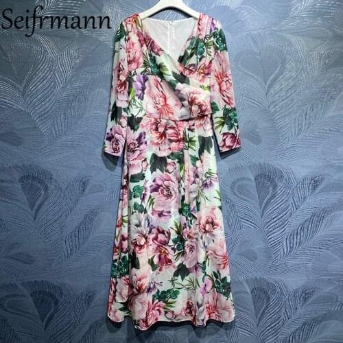 Seifrmann New 2021 Summer Women Fashion Designer Party Long Dress Long Sleeve High Waist Patchwork Floral Print Ladies Dresses