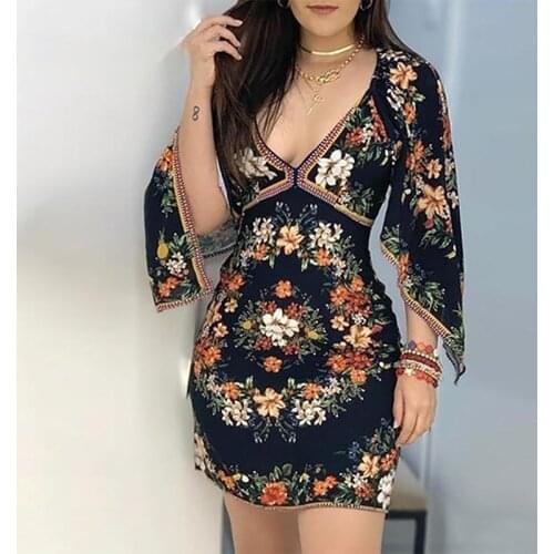 Tight print deep V dress feminine V-neck party dress