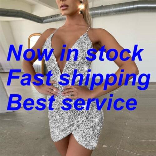 Womens Sexy V Neck Straps Backless Bodycon Sequin Dress Irregular Sexy Sequin Dress European and American Sexy V-Neck Sequined