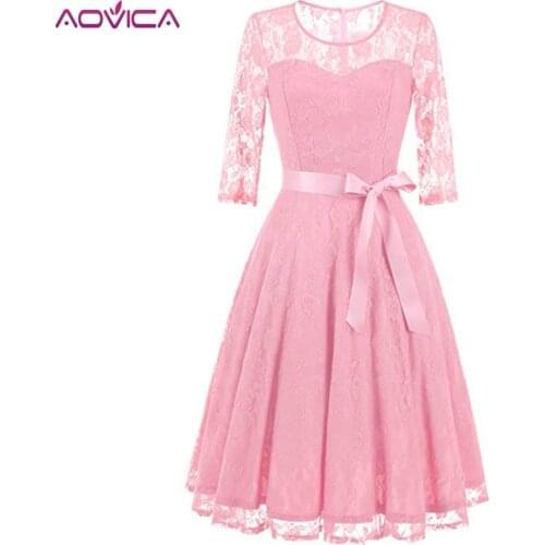 Aovica Vintage Floral Lace Pleated Dress Women 3/4 Sleeve O-Neck Elegant Party Sexy Dresses Retro Autumn Robe Big Swing Vestidos