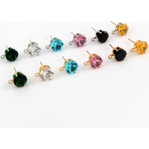10pcs 8mm Gold Color Shiny Zircon Crystal Ear Stud Findings With Hole Ear Drop Women Girl Diy Earring Brincos C10