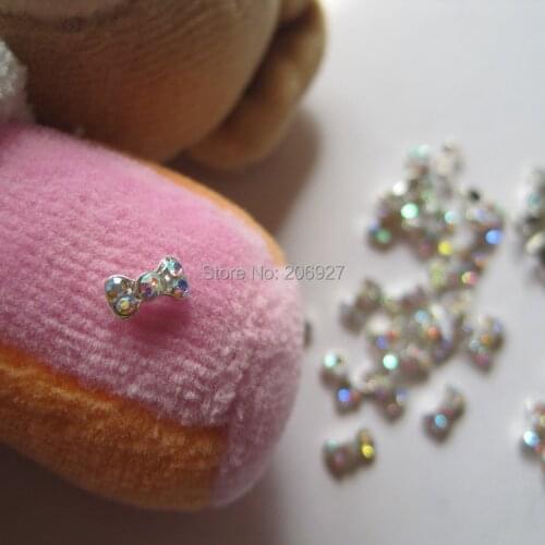 MD-63 10pcs Fancy Mini AB Rhinestone Silver Bow Metal Charms Metal Deco Charms Nail Art