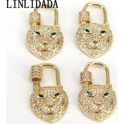 10Pcs Fashion CZ Micro Pave Tiger Head Lock Clasp, Tiger Padlock clasp, Lock clasp, Lock Link, Carabiner clasp, 18x31mm