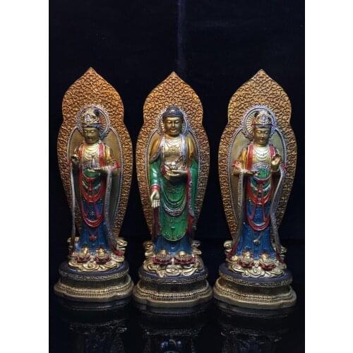 16" Tibet Buddhism Temple Old Bronze Painted Western Three Holy Buddha Statues Sakyamuni Avalokitesvara Amitabha Buddha Statue