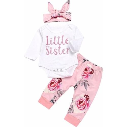2020 Spring Infant Baby Girl Clothes Little sister bodysuit+Floral Leggings Pants+Bow Headband 3PCS Newborn Girls Outfits Sets