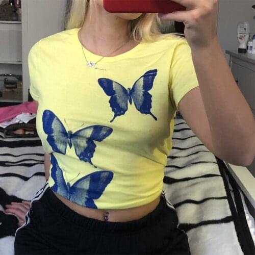 2021 New Summer Woman Girls Short Sleeve O-Neck Butterfly Print Slim T-shirt Tee Tops Clothes
